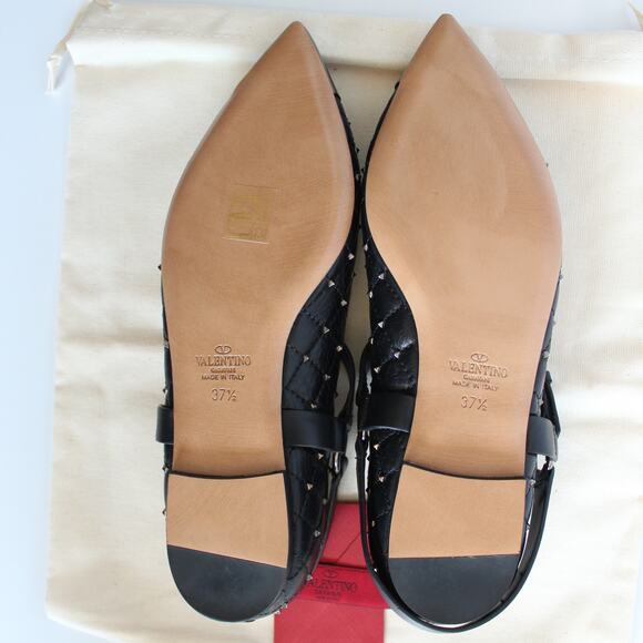 Valentino Black Quilted Leather Rockstud Cap Toe Point Mary Jane Ballet Flats - Picture 13 of 14